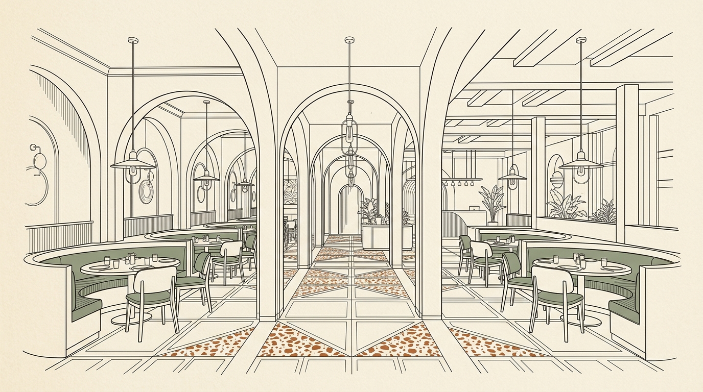 restaurant architectural line-art render