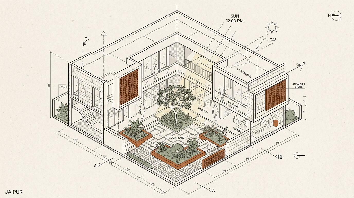 courtyard architectural line-art render
