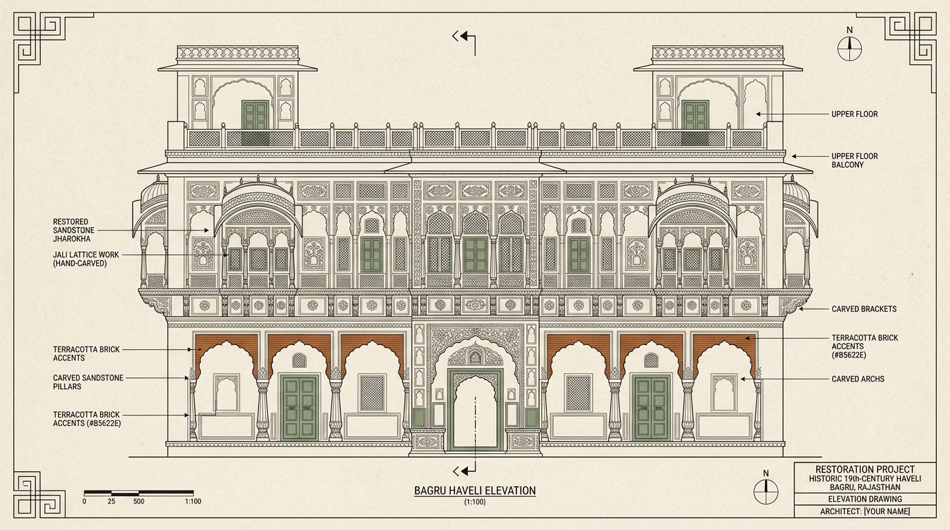 haveli architectural line-art render