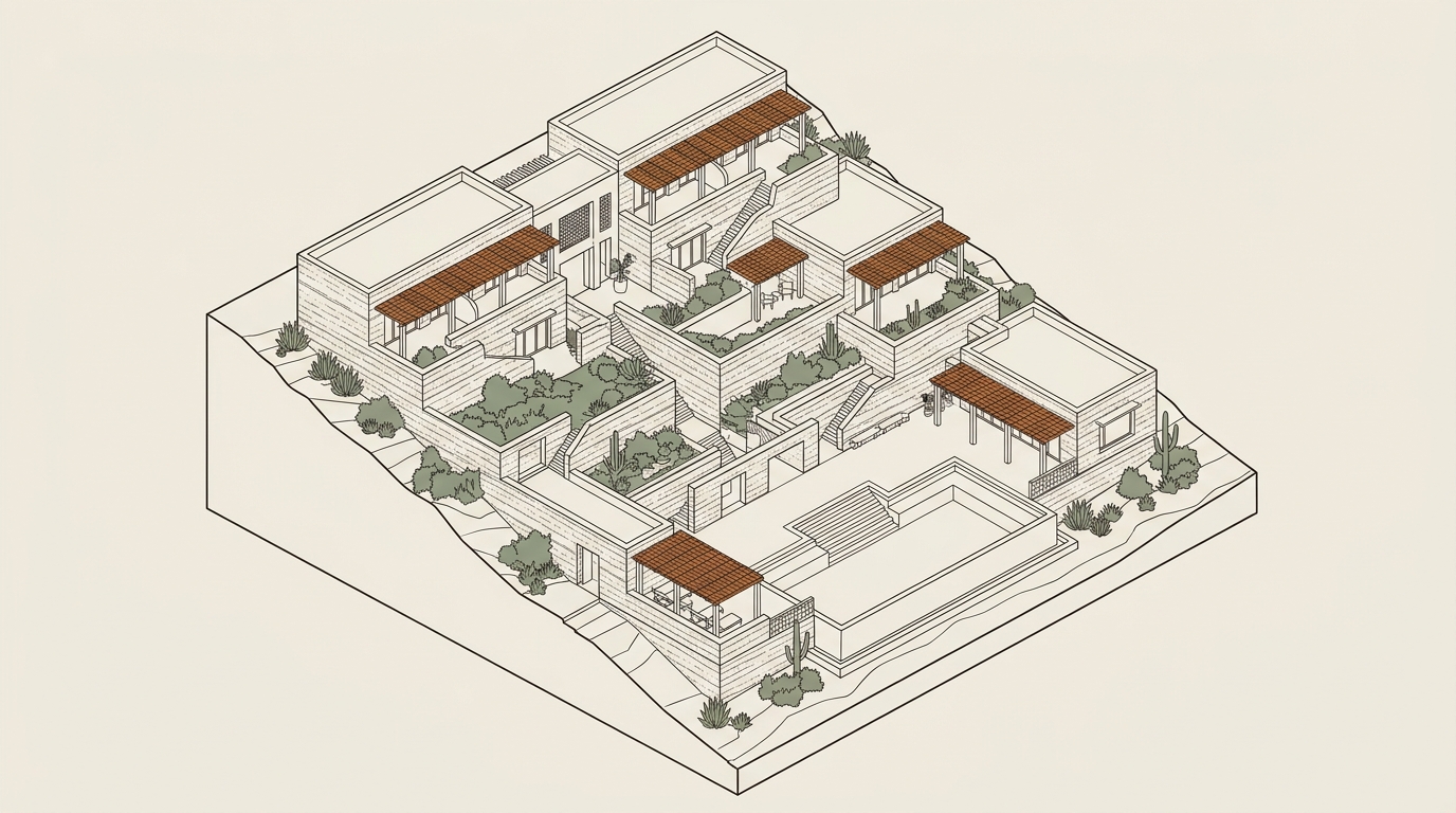 hotel architectural line-art render